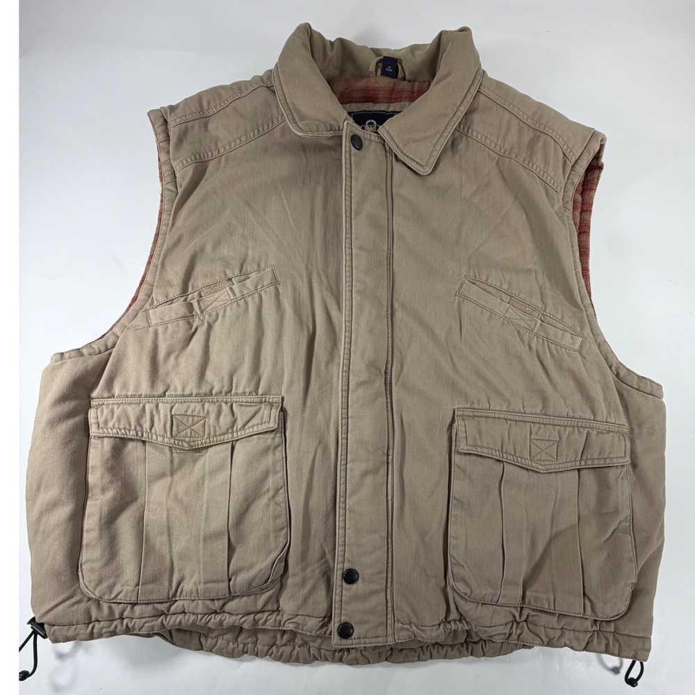 North Bay Tan Cotton Utility Vest 2XL Flannel Lined Plaid Khaki Workwear Vest